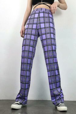 Purple Plaid Pants - Y2K Summer Grunge Outfit, 90s Fashion, Retro Style, Y2K Club & Party Look
