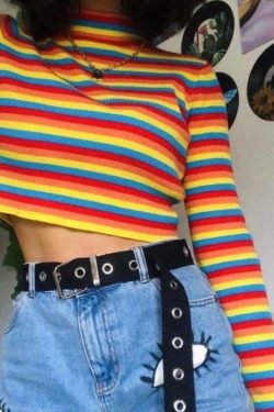 Rainbow Knitted Crop Top - Y2K Summer, 90s Fashion, Grunge, Retro, Pastel Goth, Y2K Party Outfit