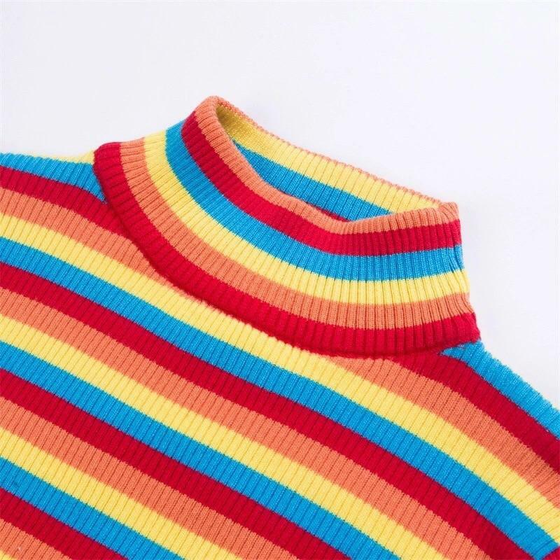 Rainbow Knitted Crop Top - Y2K Summer, 90s Fashion, Grunge, Retro, Pastel Goth, Y2K Party Outfit