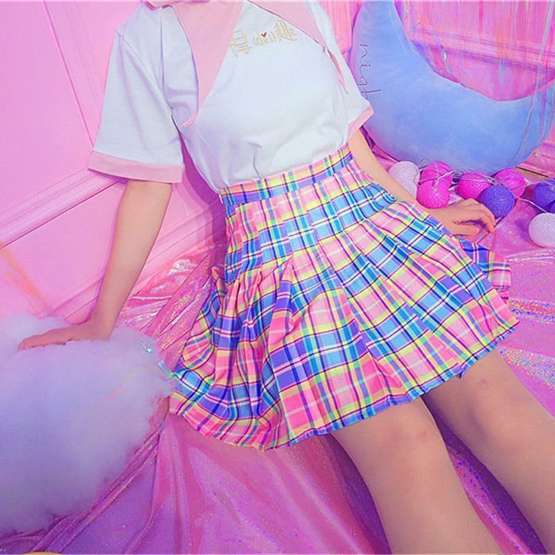 Rainbow Midi Skirt - Y2K Summer Grunge Outfit, 90s Fashion, Retro Style, Pastel Goth Vibes