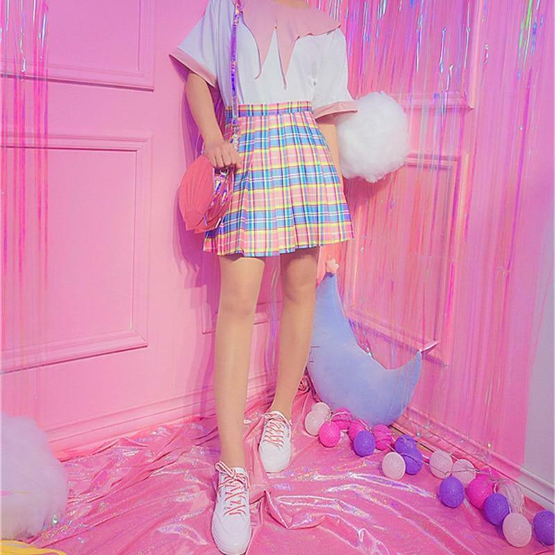 Rainbow Midi Skirt - Y2K Summer Grunge Outfit, 90s Fashion, Retro Style, Pastel Goth Vibes