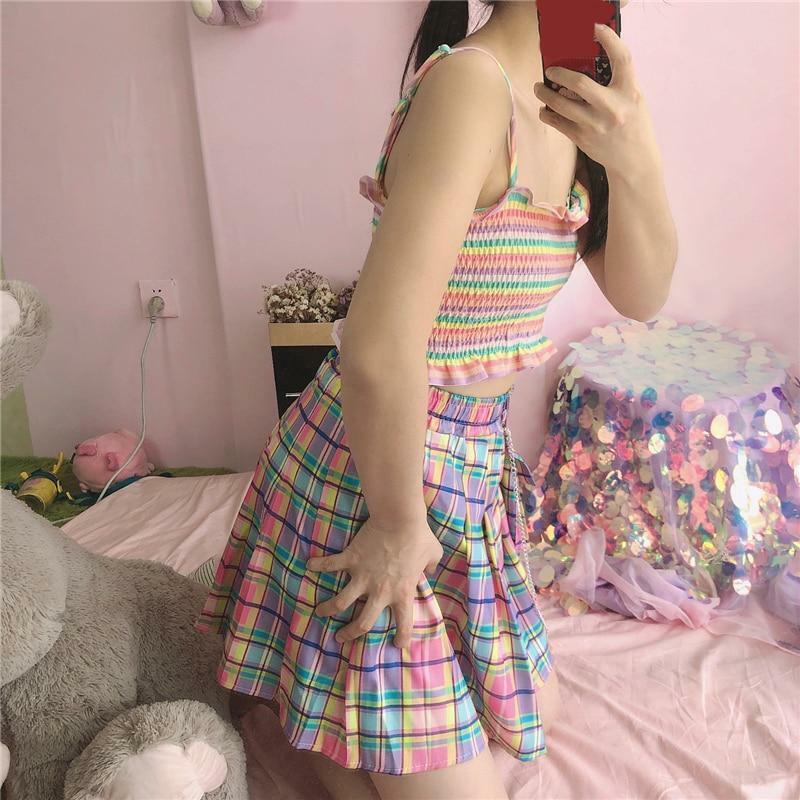 Rainbow Plaid Skirt - Y2K Summer Grunge Outfit, 90s Fashion, Retro Style, Pastel Goth Vibes