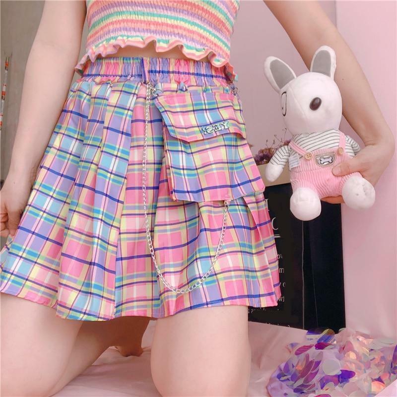 Rainbow Plaid Skirt - Y2K Summer Grunge Outfit, 90s Fashion, Retro Style, Pastel Goth Vibes