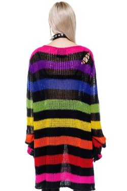 Rainbow Striped Gothic Distressed Knit Sweater - Y2K Grunge, 90s Retro, Pastel Goth Fashion