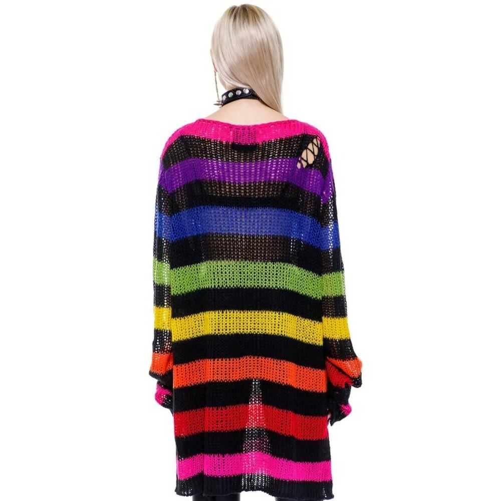 Rainbow Striped Gothic Distressed Knit Sweater - Y2K Grunge, 90s Retro, Pastel Goth Fashion