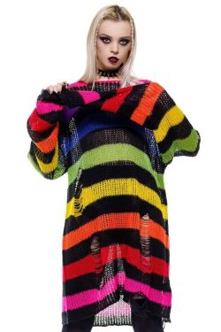 Rainbow Striped Gothic Distressed Knit Sweater - Y2K Grunge, 90s Retro, Pastel Goth Fashion