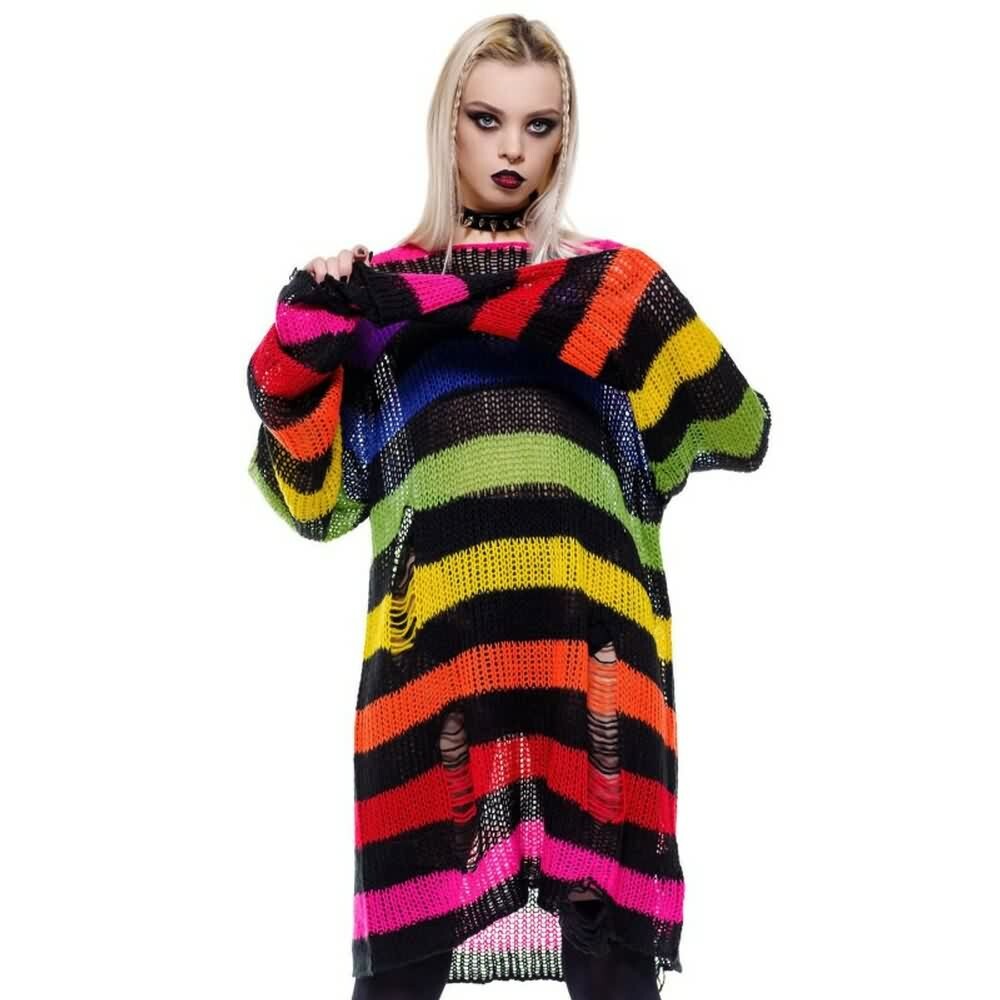 Rainbow Striped Gothic Distressed Knit Sweater - Y2K Grunge, 90s Retro, Pastel Goth Fashion