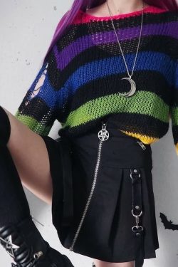Rainbow Striped Gothic Distressed Knit Sweater - Y2K Grunge, 90s Retro, Pastel Goth Fashion