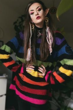 Rainbow Striped Gothic Distressed Knit Sweater - Y2K Grunge, 90s Retro, Pastel Goth Fashion