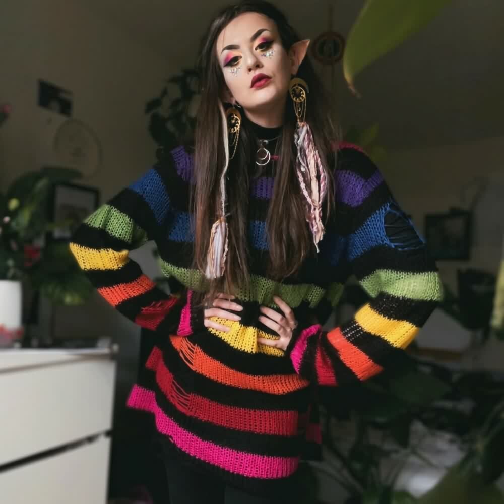 Rainbow Striped Gothic Distressed Knit Sweater - Y2K Grunge, 90s Retro, Pastel Goth Fashion