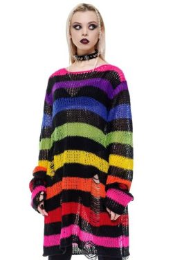 Rainbow Striped Gothic Distressed Knit Sweater - Y2K Grunge, 90s Retro, Pastel Goth Fashion