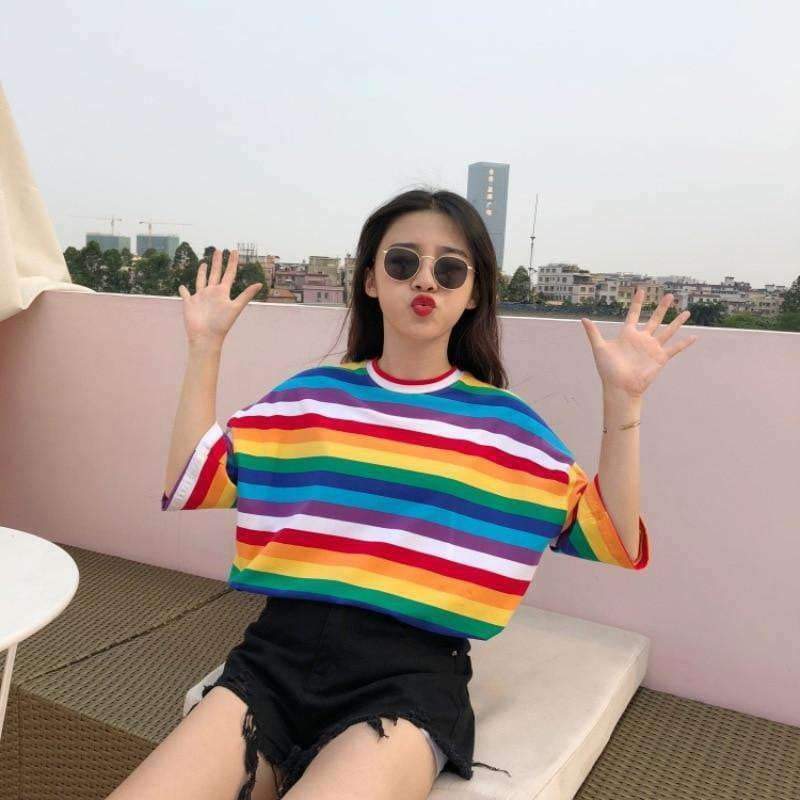 Rainbow Striped Shirt - Y2K Summer Outfit, 90s Fashion, Grunge, Retro Style, Y2K Club & Party Look