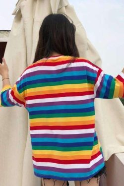 Rainbow Striped Shirt - Y2K Summer Outfit, 90s Fashion, Grunge, Retro Style, Y2K Club & Party Look