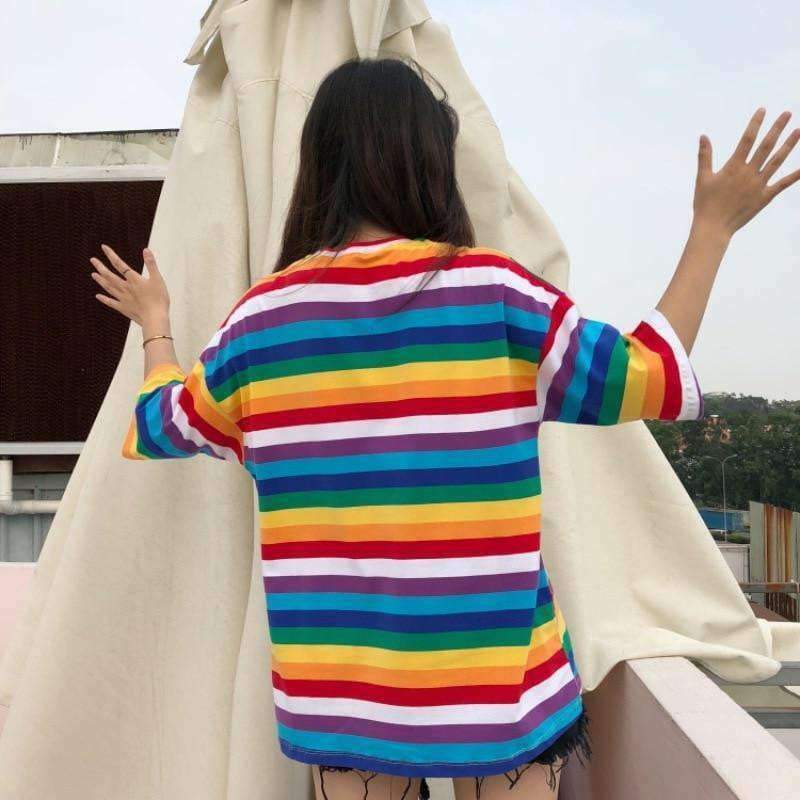 Rainbow Striped Shirt - Y2K Summer Outfit, 90s Fashion, Grunge, Retro Style, Y2K Club & Party Look