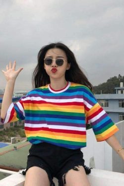 Rainbow Striped Shirt - Y2K Summer Outfit, 90s Fashion, Grunge, Retro Style, Y2K Club & Party Look
