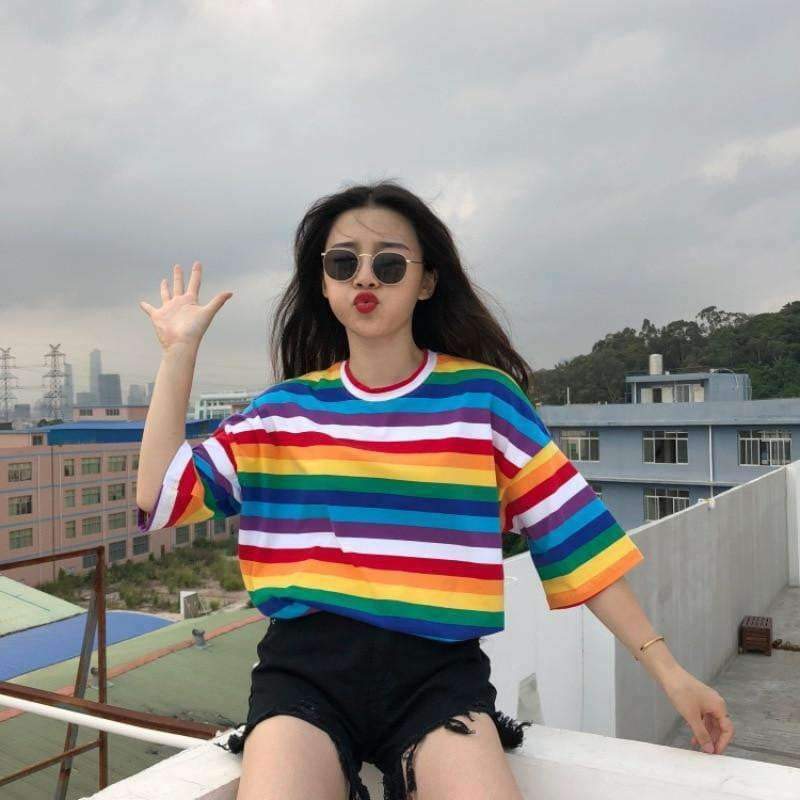 Rainbow Striped Shirt - Y2K Summer Outfit, 90s Fashion, Grunge, Retro Style, Y2K Club & Party Look