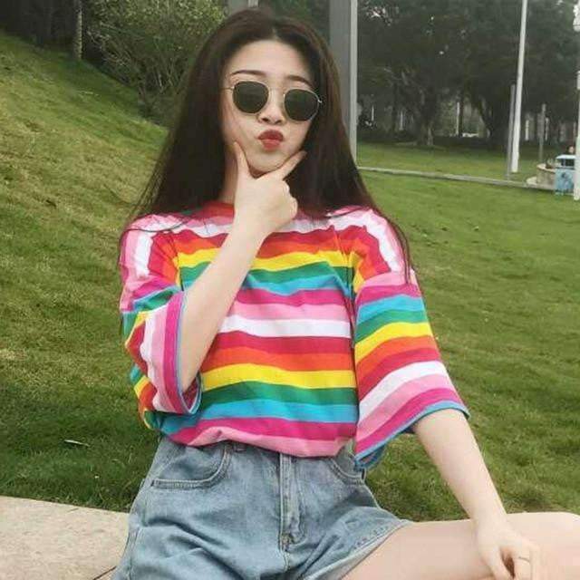 Rainbow Striped Shirt - Y2K Summer Outfit, 90s Fashion, Grunge, Retro Style, Y2K Club & Party Look