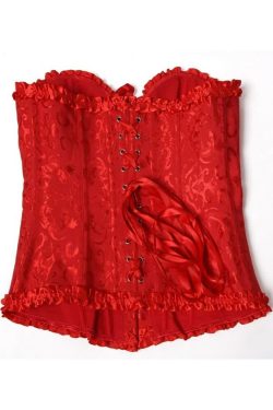Red Gothic Ruffle Trim Hourglass Overbust Corset - Y2K Grunge, 90s Fashion, Retro Style