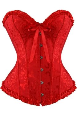 Red Gothic Ruffle Trim Hourglass Overbust Corset - Y2K Grunge, 90s Fashion, Retro Style