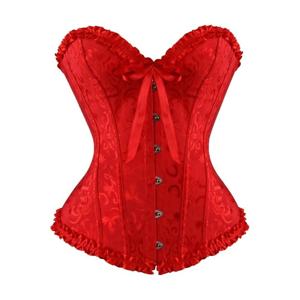 Red Gothic Ruffle Trim Hourglass Overbust Corset - Y2K Grunge, 90s Fashion, Retro Style