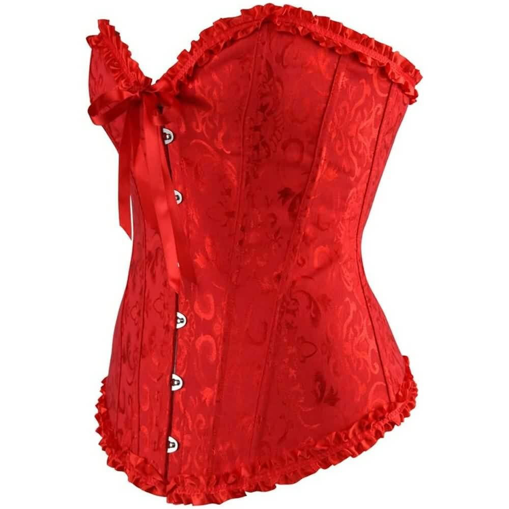Red Gothic Ruffle Trim Hourglass Overbust Corset - Y2K Grunge, 90s Fashion, Retro Style