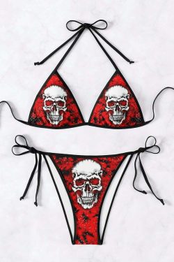 Red Gothic Skull Halter String Bikini Set - Y2K Grunge Summer Outfit, Retro 90s Beachwear