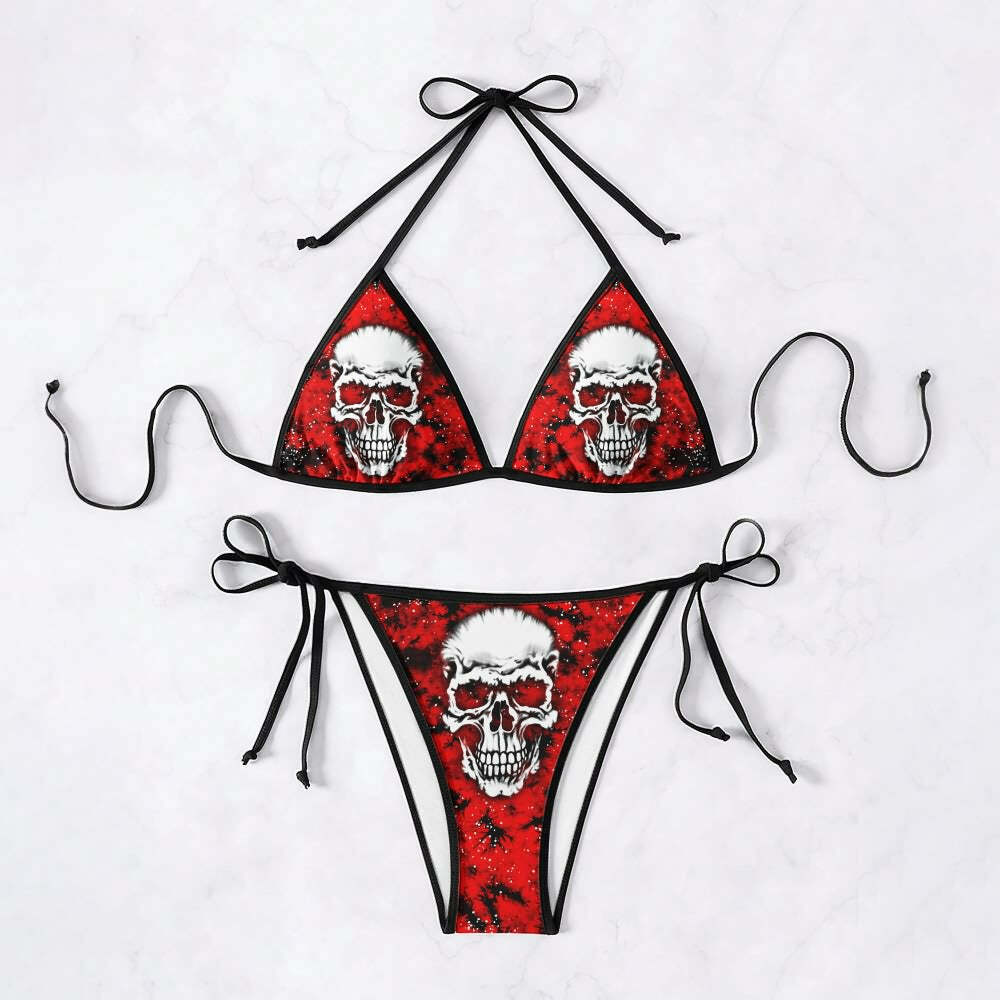 Red Gothic Skull Halter String Bikini Set - Y2K Grunge Summer Outfit, Retro 90s Beachwear