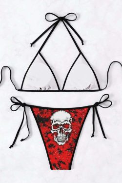 Red Gothic Skull Halter String Bikini Set - Y2K Grunge Summer Outfit, Retro 90s Beachwear