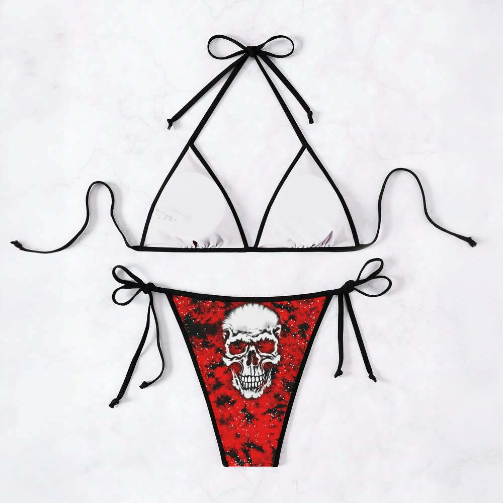 Red Gothic Skull Halter String Bikini Set - Y2K Grunge Summer Outfit, Retro 90s Beachwear
