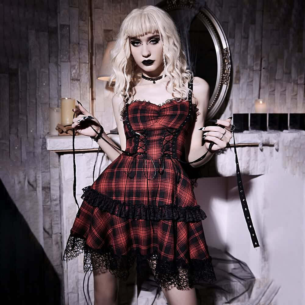 Red Plaid Gothic Punk Tiered Mini Dress - Y2K Grunge, 90s Fashion, Retro Summer Outfit