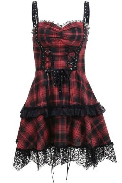 Red Plaid Gothic Punk Tiered Mini Dress - Y2K Grunge, 90s Fashion, Retro Summer Outfit
