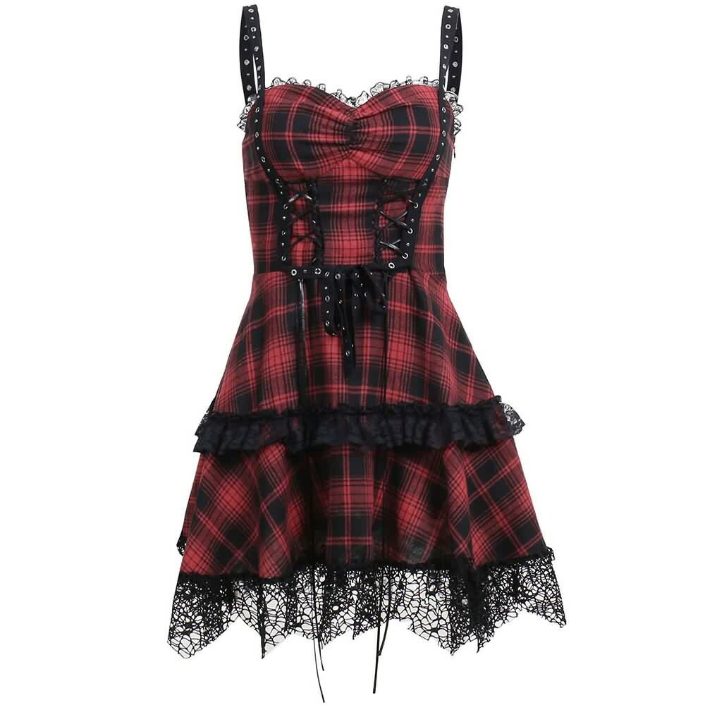 Red Plaid Gothic Punk Tiered Mini Dress - Y2K Grunge, 90s Fashion, Retro Summer Outfit