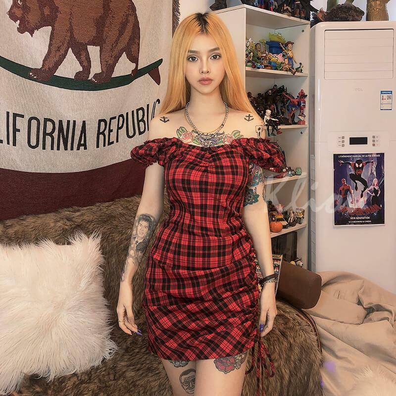 Red Plaid Mini Dress - Y2K Summer Grunge Outfit, 90s Fashion, Retro Style, Y2K
