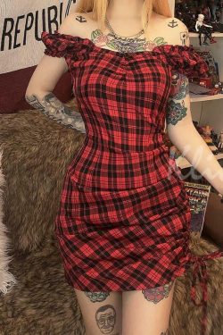 Red Plaid Mini Dress - Y2K Summer Grunge Outfit, 90s Fashion, Retro Style, Y2K