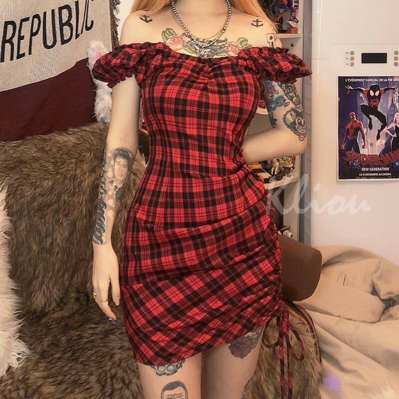 Red Plaid Mini Dress - Y2K Summer Grunge Outfit, 90s Fashion, Retro Style, Y2K