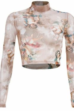 Renaissance Angels Soft Pink Long Sleeves Crop Top - Y2K Summer, 90s Grunge, Retro Fashion