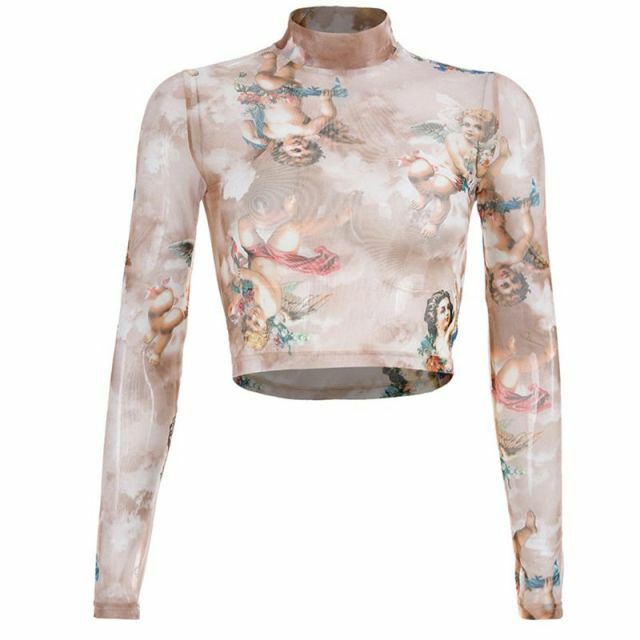 Renaissance Angels Soft Pink Long Sleeves Crop Top - Y2K Summer, 90s Grunge, Retro Fashion