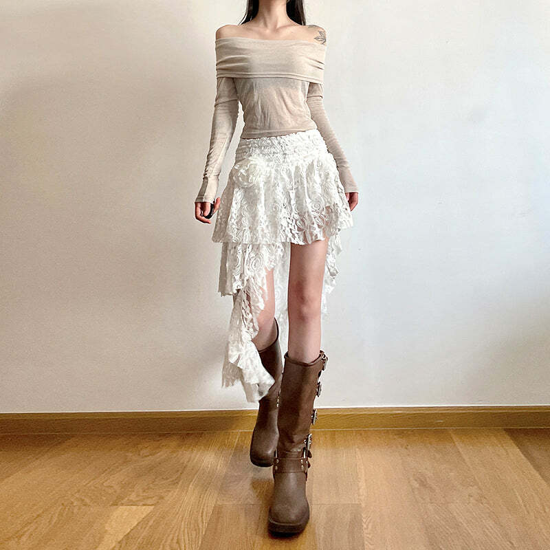 Renee Asymmetric Lace Skirt - Y2K Summer, 90s Grunge, Retro Goth, Y2K Party & Club Outfits