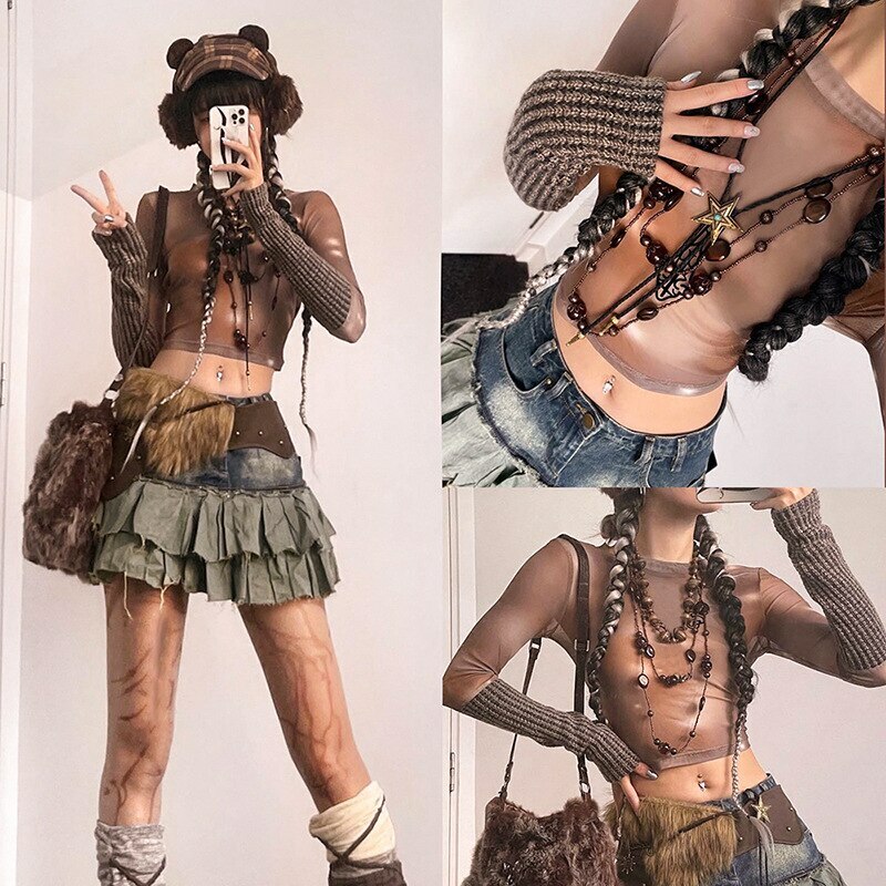Retro Brown Grunge Long-Sleeve T-shirt - Y2K Summer, 90s Fashion, Gothic Y2K, Y2K Club