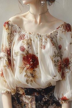 Retro Elegant Floral One-line Collar Shirt Long Sleeve - Y2K Summer, 90s Fashion, Grunge Outfits