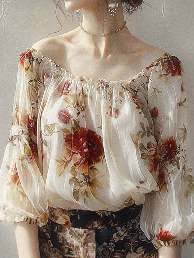 Retro Elegant Floral One-line Collar Shirt Long Sleeve - Y2K Summer, 90s Fashion, Grunge Outfits