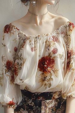 Retro Elegant Floral One-line Collar Shirt Long Sleeve - Y2K Summer, 90s Fashion, Grunge Outfits