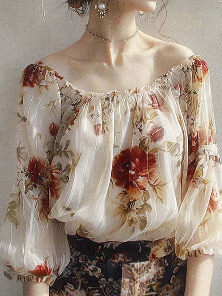 Retro Elegant Floral One-line Collar Shirt Long Sleeve - Y2K Summer, 90s Fashion, Grunge Outfits