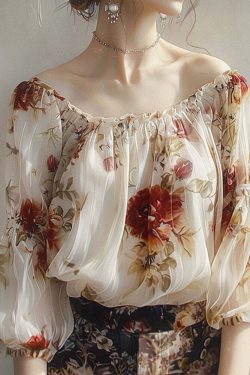 Retro Elegant Floral One-line Collar Shirt Long Sleeve - Y2K Summer, 90s Fashion, Grunge Outfits