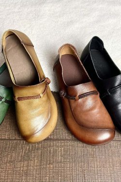 Retro Green Cowhide Leather Cross Strap Flats - Y2K Summer, 90s Fashion, Grunge, Pastel Goth