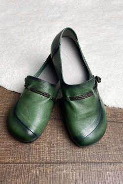 Retro Green Cowhide Leather Cross Strap Flats - Y2K Summer, 90s Fashion, Grunge, Pastel Goth