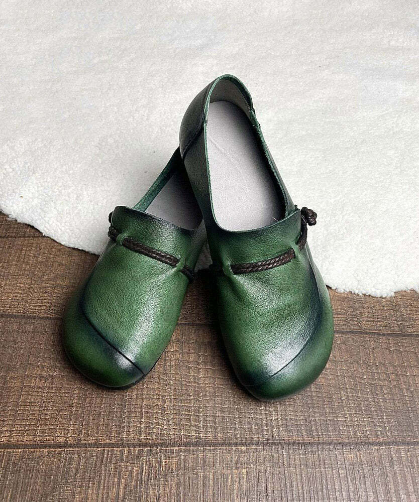 Retro Green Cowhide Leather Cross Strap Flats - Y2K Summer, 90s Fashion, Grunge, Pastel Goth