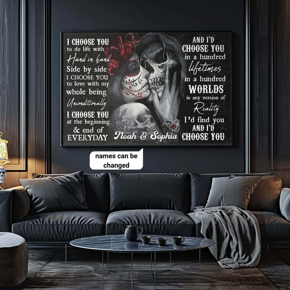 Romantic Gothic Skull Couple Personalized Canvas - Y2K Grunge, 90s Retro, Pastel Goth Decor