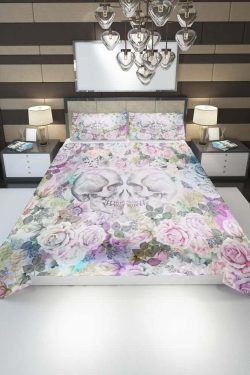 Romantic Skull Couple Duvet Cover Set - Y2K Grunge, 90s Retro, Gothic Pastel Goth Bedding