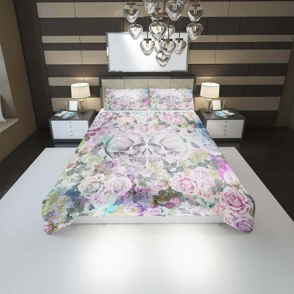 Romantic Skull Couple Duvet Cover Set - Y2K Grunge, 90s Retro, Gothic Pastel Goth Bedding